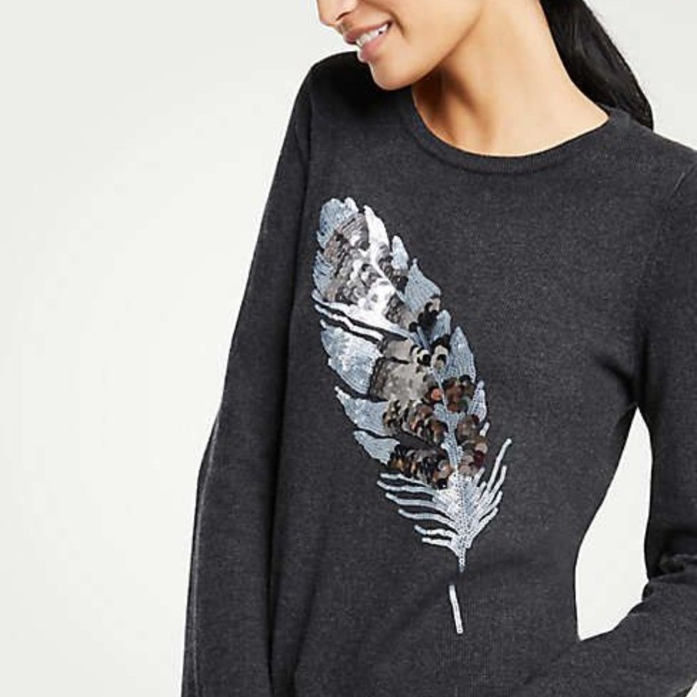 Ann Taylor Feather Sequin Sweater Gray - Sz XS